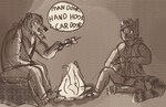 2022 adobe_photoshop_(artwork) anthro bandanna bear bottomwear campfire clothed clothing clouded_leopard dialogue digital_drawing_(artwork) digital_media_(artwork) duo english_text eye_contact felid fire halftone handwritten_text hi_res kerchief literaldeerirl looking_at_another male male_anthro mammal meme monochrome muscular open_mouth pantherine pants roasting_marshmallow shaded sitting sitting_on_ground sitting_on_stump sketch snout speech_bubble tail text tree_stump