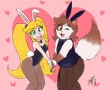 anthro blonde_hair brown_eyes brown_hair brown_markings bunny_costume clothing costume cuffs_(clothing) dipstick_tail duo eye_markings eyelashes fake_ears fake_rabbit_ears fake_rabbit_tail fake_tail female fluffy fluffy_tail fur gloves_(marking) green_eyes hair hand_holding heart_background heart_symbol legwear leotard light_body light_skin long_pigtails male markings married_couple one_eye_closed pantyhose pigtails scut_tail short_tail simple_background tail tail_markings twintails_(hairstyle) white_body white_fur wink sailor_bomber reku_(akubon) shizen_(sailorbomber) domestic_cat felid feline felis human mammal persian_cat flat_colors hi_res