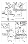anthro black_and_white bussaca canid canine cast chair clothed clothing comic dialogue duo english_text fur furniture hi_res male mammal mink monochrome mustelid musteline sofa tail text true_musteline