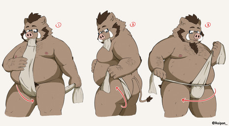 anthro asian_clothing belly brown_body butt clothing east_asian_clothing eyewear fundoshi glasses japanese_clothing kemono male moobs nipples overweight overweight_male simple_background solo standing underwear white_clothing white_fundoshi white_underwear raipon mammal suid suine sus_(pig) wild_boar 2026 hi_res