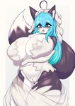 anthro big_breasts black_body black_fur blue_eyes blue_hair blush breasts clothed clothing dress female fluffy fluffy_tail fur hair huge_breasts simple_background solo tail wedding_dress tailzkim hanul canid canine canis domestic_dog husky mammal nordic_sled_dog spitz 2023 hi_res