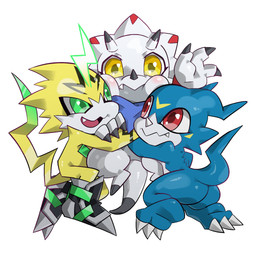 anthro blue_body butt chibi facial_markings green_eyes group head_markings horn hug kerchief male markings red_eyes white_body yellow_body yellow_eyes yellow_markings monodie bandai_namco digimon digimon_ghost_game digimon_(species) gammamon pulsemon veemon 1:1 hi_res