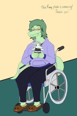 anthro big_breasts black_bottomwear black_clothing black_pants blush bottomwear breasts clothed clothed_anthro clothed_female clothing dialogue disability eyebrow_through_hair eyebrows female fingers footwear freckled_face freckles front_view green_body green_hair grey_eyes hair happy holding_object holding_plushie hoodie humanoid_hands looking_down medium_hair non-mammal_breasts pants paraplegic plantigrade plushie purple_clothing purple_hoodie purple_topwear shoes sitting slippers smile solo talking_to_viewer text topwear translucent translucent_hair vehicle wheelchair yellow_sclera lorikani cavemanon_studios goodbye_volcano_high i_wani_hug_that_gator ko_op_(game_developer) snoot_game fang_(gvh) olivia_halford spurdo baryonyx dinosaur prehistoric_species pterosaur reptile saurischian scalie spinosaurid theropod 2:3 absurd_res colored english_text hi_res