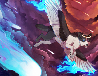 ambiguous_gender black_body black_fur black_lips black_nose blue_eyes detailed_background feathered_dog feathered_wings feathers feral flying fur lips no_sclera open_mouth outside paws quadruped solo teeth tongue wings maplespyder canid canine canis domestic_dog mammal 2015 digital_media_(artwork)