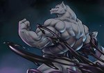 anthro big_muscles black_goo corruption flexing flexing_bicep fur grey_body grey_fur grin huge_muscles male muscular muscular_anthro muscular_male pose purple_light rear_view simple_background smile solo standing transformation wolf_tail pcz marvel arulust venom_(marvel) canid canine canis goo_creature mammal symbiote wolf hi_res