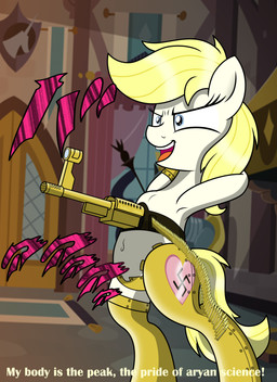 biped bullet cybernetics female feral gun heart_symbol jojo_pose machine nazi parody ranged_weapon rifle science solo swastika text weapon pananovich battle_tendency hasbro jojo's_bizarre_adventure my_little_pony aryanne_(character) fan_character rudol_von_stroheim cyborg earth_pony equid equine horse mammal pony absurd_res english_text hi_res meme