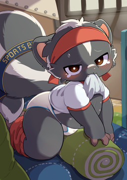 6_nipples accessory anthro blue_seam_briefs blush bodily_fluids body_pillow briefs bulge clothed clothing clothing_lift furgonomics genital_fluids headband male multi_nipple navel nipples pillow precum precum_through_briefs precum_through_clothing precum_through_underwear shirt shirt_in_mouth shirt_lift shorts_around_ankles solo tail tail_accessory tailband teary_eyes tighty_whities topwear underwear wet wet_clothing white_briefs white_clothing white_underwear young young_male moketiw mammal mephitid skunk hi_res