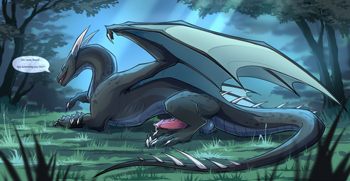 balls claws erection feet feral genitals grass greeting horn looking_at_viewer looking_back lying male membrane_(anatomy) membranous_wings night on_front outside paws penis plant quadruped smile solo spikes spikes_(anatomy) spread_wings tail tail_claws text tree wings shadreym european_mythology mythology rorah dragon mythological_creature mythological_scalie scalie western_dragon digital_drawing_(artwork) digital_media_(artwork) english_text hi_res