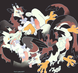 animal_genitalia animal_penis anthro balls black_body black_ears black_feathers black_fur blush bodily_fluids brown_background brown_body brown_ears brown_feathers brown_fur canine_genitalia canine_penis cum cum_on_face drooling duo ejaculation erection feathers feet flustered fur genital_fluids genitals glans humanoid_genitalia humanoid_penis hybrid_genitalia hybrid_penis imminent_sex knot knotted_humanoid_penis knotted_penis larger_male male male/male multicolored_body multicolored_feathers multicolored_fur multicolored_wings open_mouth open_smile orange_talons paws penis pink_nose pink_penis pink_tongue raised_paw red_glans saliva simple_background size_difference smaller_male smile speech_bubble talons tan_body tan_feathers tan_fur text toes tongue tongue_out vore wings puppybrained mythology fursona_(birdpaw) canid canine canis domestic_dog dragon feathered_dragon feathered_scalie furred_dragon furred_scalie mammal mythological_creature mythological_scalie scalie 2022 absurd_res artist_name digital_media_(artwork) english_text hi_res