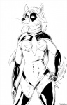 anthro clothing cosplay costume female hair hero latex legwear leotard mask scarf simple_background solo superhero uniform white_background treefyleaves marvel the_avengers ms._marvel canid canine canis domestic_dog mammal 9:14 black_and_white comic monochrome