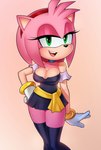 anthro breasts cleavage clothed clothing dress female gloves green_eyes hair handwear legwear looking_at_viewer nipple_outline open_mouth open_smile pink_body pink_hair simple_background smile smiling_at_viewer solo thigh_highs loodncrood sega sonic_the_hedgehog_(series) sonic_x amy_rose eulipotyphlan hedgehog mammal 2022 hi_res