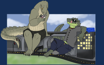 anthro building city city_background clothing destruction duo eating eating_food eyewear licking licking_lips macro male scales skyscraper sunglasses sunglasses_on_face tongue tongue_out wearing_sunglasses shinkei_shinto_(artist) docodile tarvash animal_humanoid crocodile crocodilian humanoid reptile scalie scalie_humanoid alpha_channel hi_res