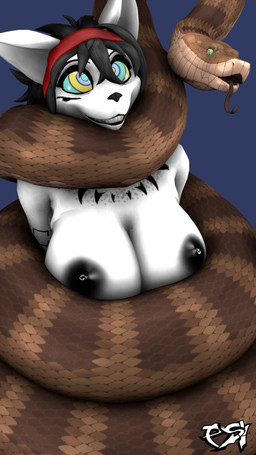 ambiguous_gender anthro areola big_breasts black_hair black_nipples breasts brown_body brown_scales coiling duo female feral freckled_chest freckled_face freckles fur hair hypnosis mind_control nipple_dip nipples restrained ringed_eyes scales tattoo tribal tribal_tattoo white_body white_fur psikokinetic sharkstuff_(modeler) warfaremachine_(modeler) the_jungle_book kaa_(jungle_book) natsumi_mercier canine_demon demon python reptile scalie snake 2025 3d_(artwork) 9:16 digital_media_(artwork) hi_res source_filmmaker_(artwork) male_(lore)