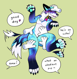 >_< anthro black_body black_collar black_ears black_fur black_legs black_markings black_nose black_text blue_body blue_fur blue_pawpads blush collar collar_only collar_tag compliment countershading dipstick_tail disembodied_hand eyes_closed fangs feet fingerless_(marking) fur good_dog gradient_fur green_background hand_on_another's_belly hand_on_another's_cheek hand_on_another's_head hand_on_belly hand_on_head handpaw headpat heart_collar_tag hindpaw leg_markings male male_anthro markings mastectomy_scar multicolored_body multicolored_fur multicolored_tail nude nude_anthro nude_male pawpads paws pet_praise petting praise purple_body purple_fur scar simple_background smile socks_(marking) solo speech_bubble tail tail_markings tail_motion tailwag teal_pawpads teeth text toeless_(marking) white_body white_countershading white_fur white_speech_bubble white_tail_tip white_text white_toes birdpaw_(artist) canid canine canis domestic_dog mammal 2026 artist_name digital_drawing_(artwork) digital_media_(artwork) english_description english_text full-length_portrait hi_res portrait trans_(lore) trans_man_(lore)