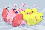 bed bedding bedding_background bodily_fluids duo ejaculation female female/female furniture genital_fluids genitals heart_symbol lying on_back on_bed on_model open_mouth pink_body pussy pussy_ejaculation sweat vaginal_fluids yellow_body poi_(artist) kirby_(series) nintendo the_legendary_starfy_(series) kirby starfy alien asterozoan echinoderm marine starfish waddling_head absurd_res censored hi_res mosaic_censorship