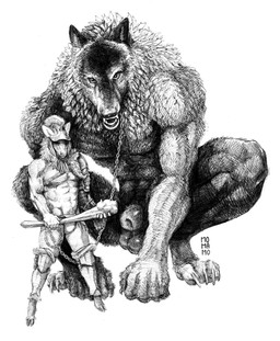 abs animal_genitalia anthro balls biceps chain claws clothed clothing club_(weapon) crouching duo genitals headgear headwear larger_sub looking_at_viewer looking_forward male melee_weapon muscular muscular_anthro muscular_male neck_tuft nude partially_clothed pecs sheath size_difference submissive tuft weapon momamo mythology canid canine canis cervine deer mammal mythological_canine mythological_creature new_world_deer pudu werecanid werecanine werecreature werewolf wolf 2022 absurd_res greyscale hi_res monochrome signature