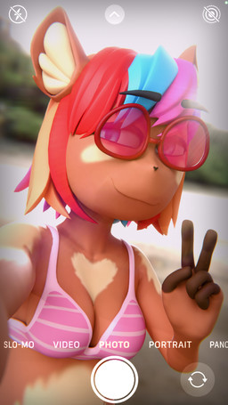 anthro bikini bikini_top blonde_hair blue_hair breasts brown_body brown_fur camera_view clothing eyewear female fur gesture glasses hair hand_gesture heart_(marking) humanoid_hands looking_at_viewer markings multicolored_hair outside purple_hair red_hair round_glasses selfie smile smiling_at_viewer solo swimwear text two-piece_swimsuit v_sign sharpfla apple_inc. melody_nosurname deer mammal 3d_(artwork) 9:16 digital_media_(artwork) english_text hi_res trans_(lore) trans_woman_(lore)