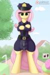 2016 augustbebel balls bendy_straw blue_eyes clothed clothing cloud drinking_straw english_text equid equine fluttershy_(mlp) friendship_is_magic genitals gynomorph hair hasbro hat headgear headwear hi_res hooves horse intersex long_hair looking_at_viewer mammal my_little_pony outside patreon patreon_logo pink_hair police police_hat police_uniform pony solo text uniform unzipped url website_logo zipper