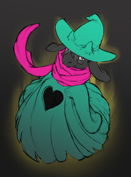 anthro black_body black_fur cloak clothing eyewear fur glasses green_eyes hat headgear headwear heart_symbol horn red_scarf scarf solo lunedragon deltarune undertale_(series) ralsei bovid caprine darkner goat mammal 2018 absurd_res hi_res