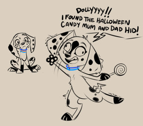 black_nose black_paws blue_collar bodily_fluids button_ears candy collar dessert duo female female_feral feral floppy_ears food freckled_face freckles fur holding_candy holding_food holding_lollipop holding_object insane leg_markings lollipop markings quadruped socks_(marking) sweat sweatdrop text white_body white_fur higglytownhero 101_dalmatian_street 101_dalmatians disney dee_dee_(101_dalmatians) dolly_(101_dalmatians) canid canine canis dalmatian domestic_dog mammal english_text