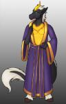 2016 anthro asian_clothing asian_mythology bare_chest biped black_body black_scales chinese_clothing chinese_mythology clothed clothing digital_media_(artwork) dragon east_asian_clothing east_asian_mythology fur gradient_background green_eyes hair hooves horn hybrid kirin long_ears looking_at_viewer male mane mythological_creature mythological_scalie mythology nianzu pinup porin pose scales scalie shenyi simple_background solo standing tail tail_tuft tuft yellow_body yellow_fur
