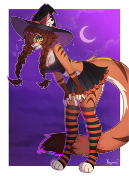 anthro big_breasts bottomwear breasts brown_hair clothed clothing crop_top female fingers footwear green_eyes hair hat headgear headwear holidays legwear light magic_user midriff moon moonlight night shirt skimpy skirt socks solo tail thick_thighs thigh_highs topwear witch witch_costume witch_hat freyana halloween felid mammal pantherine tiger 2025 absurd_res digital_media_(artwork) hi_res