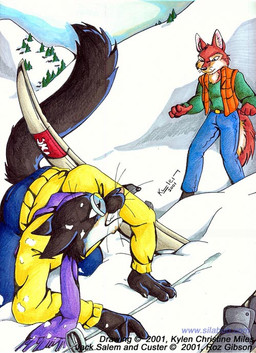 accident angry anthro belt black_body black_fur black_tail bottomwear claws clenched_teeth clothing countershade_neck countershading denim denim_bottomwear denim_clothing duo eyewear fell_down fur glasses inner_ear_fluff jeans long_tail looking_at_another male pants pince-nez plant purple_scarf red_body red_fur scarf ski_pole skiing skiis snow tail teeth tree tuft upset whiskers winter winter_background winter_clothing artaith-21 custer_winston jack_salem canid canine canis gulonine mammal marten mustelid musteline red_wolf sable_(marten) wolf 2001 signature traditional_media_(artwork)