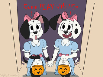 accessory anthro black_body black_fur black_nose black_tail blue_clothing bottomwear bow_ribbon bucket clitoris clothed clothing clothing_lift container costume dialogue doorway dress duo eyelashes female food freckled_face freckles fruit fur genitals gloves_(marking) hair_accessory hair_bow hair_ribbon halloween_costume hand_holding heart_(marking) holding_object holidays leg_markings looking_at_viewer looking_up markings mole_(marking) night pink_bow plant presenting pumpkin red_text ribbons simple_background skirt skirt_lift smile smiling_at_viewer socks_(marking) spots tail teeth text tongue tongue_out trick-or-treating vulva white_body white_fur young young_female slightlyarousedguy 101_dalmatian_street 101_dalmatians disney halloween spooktober stephen_king_(copyright) the_shining dally_dalmatian_(th4t0n3dude) dilly_dalmatian_(th4t0n3dude) fan_character canid canine canis dalmatian domestic_dog mammal 2025 4:3 english_text hi_res shaded watermark sibling_(lore) twins_(lore)