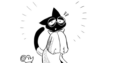ambiguous_gender anthro black_body clothing coat duo emanata eyewear furgonomics glasses hands_together happy lab_coat solo topwear dragonweirdo gytras_(dragonweirdo) domestic_cat felid feline felis mammal mouse murid murine rodent 16:9 comic hi_res monochrome widescreen