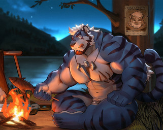 abs anthro arm_tuft barazoku beard biceps black_facial_hair black_stripes blue_body blue_eyes blue_fur bonfire chest_scar claws crossed_legs deltoids dirt drying_clothing elbow_tuft facial_hair feet finger_claws fish_meat food forest fur genitals grass hair hill holding_object holding_stick horizon jewelry lake leaf licking licking_lips male meat melee_weapon muscular muscular_anthro muscular_male navel necklace necklace_only night nipples nude outside penis penis_base plant scar sitting sitting_on_ground skewer skewered_food sky solo stick stripes sword tail toe_claws tongue tongue_out tree tuft wanted_poster weapon white_body white_fur white_hair episode0006 rigel_(skydtiger) felid mammal pantherine tiger 2025 hi_res