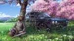 anthro blue_sky bottomwear car cheek_tuft cherry_blossom cherry_blossom_tree cherry_tree closed_smile clothed clothing cloud detailed_background eyes_closed facial_tuft flower front_view fruit_tree fur grass grey_bottomwear grey_clothing grey_hoodie grey_pants grey_topwear hair hoodie logo male motor_vehicle mouth_closed outside pants plant prunus_(flower) short_hair sitting sky smile solo tan_body tan_fur tan_hair topwear tree tuft vehicle cereus93 datsun canid mammal artist_logo artist_name detailed full-length_portrait portrait