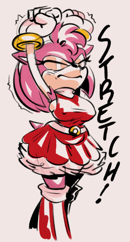 anthro belt big_breasts boots bracelet breasts clothing dress eyes_closed female footwear fur gloves handwear jewelry nipple_outline nipples_visible_through_clothing pink_body pink_fur raised_arms shoes side_boob solo stretching tan_body tan_skin classica_p sega sonic_the_hedgehog_(series) amy_rose eulipotyphlan hedgehog mammal