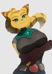 anthro arm_under_breasts belt big_breasts blue_eyes breasts brown_clothing brown_gloves brown_handwear brown_stripes clothing eyebrows eyelashes female fur gloves handwear looking_at_viewer smile solo striped_body striped_fur stripes yellow_body yellow_fur w_h_oops ratchet_and_clank sony_corporation sony_interactive_entertainment angela_cross lombax mammal 2024 artist_name hi_res portrait