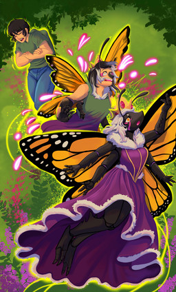 4_arms 6_limbs antennae_(anatomy) anthro black_body black_hair clothing crown dress female flower gender_transformation hair headgear insect_wings male mtf_transformation multi_arm multi_limb orange_eyes plant purple_clothing purple_dress solo species_transformation transformation transformation_sequence white_hair wings marzipanrose arthropod butterfly human insect lepidopteran mammal monarch_butterfly absurd_res hi_res