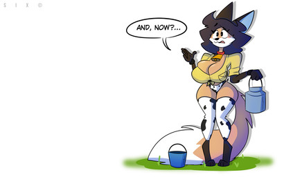 animal_print animal_print_thigh_highs anthro big_breasts big_ears big_tail blush blush_lines breasts bucket cleavage cleavage_overflow clothed clothing collar container cow_print cow_print_panties cow_print_thigh_highs cowbell cowbell_collar digitigrade dipstick_tail female hair huge_tail legwear markings pattern_clothing pattern_legwear pattern_thigh_highs shirt simple_background solo speech_bubble tail tail_markings text thigh_highs tied_shirt topwear white_background klacket lane_(klacket) canid canine fox mammal 16:10 2021 absurd_res digital_drawing_(artwork) digital_media_(artwork) english_text hi_res signature widescreen