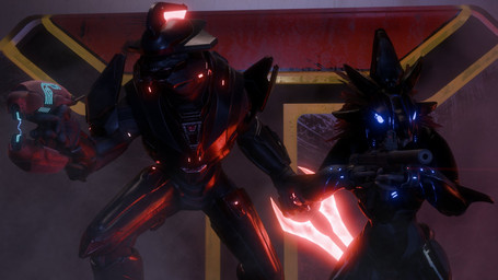 anthro blue_eyes duo energy_sword energy_weapon feather_hair feathered_crest feathers full_armor glowing glowing_eyes gun head_crest holding_gun holding_melee_weapon holding_object holding_ranged_weapon holding_sword holding_weapon laser_sight male mandibles melee_weapon plasma_rifle pseudo_hair ranged_weapon red_body red_feathers size_difference smaller_anthro submachine_gun sword weapon synca pickle_juice_(modeler) halo_(series) microsoft xbox_game_studios blackwatch alien avian kig-yar sangheili scalie t'vaoan 16:9 3d_(artwork) colored digital_media_(artwork) hi_res widescreen