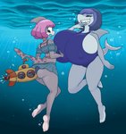 anthro big_breasts blue_background blue_clothing breasts brown_eyes butt clothing duo female grey_body hair hand_on_breast purple_hair sea sharp_teeth simple_background submarine swimwear teeth underwater vehicle water watercraft vendant fish marine shark hi_res