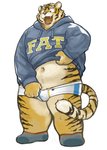 anthro clothing hoodie male overweight overweight_anthro overweight_male solo text text_on_clothing text_on_hoodie text_on_topwear topwear underwear kita_9999 fat_hoodie meme_clothing felid mammal pantherine tiger hi_res meme