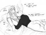 2019 american_opossum anthro anthro_on_anthro bed bro_bun_(hladilnik) butt dialogue duo english_text eyewear furniture glasses hair hi_res hladilnik lagomorph leporid long_hair male male/male mammal marsupial monochrome pillow playful rabbit seductive sketch text