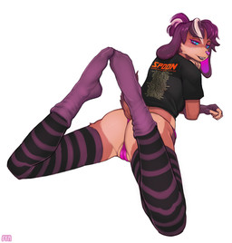 anthro band_merch barely_visible_genitalia butt camel_toe clothed clothing female footwear fully_clothed genitals legwear looking_at_viewer looking_back lying on_front presenting presenting_hindquarters shirt simple_background socks solo t-shirt thigh_highs topwear white_background syn-6 atari_puppyluv canid canine canis domestic_dog mammal absurd_res hi_res