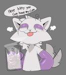 4_fingers ambiguous_gender anthro armwear bodily_fluids clothing container cum cum_in_a_cup cum_in_container cup dialogue elbow_gloves eyeshadow fingers front_view fur genital_fluids gloves grey_background handwear holding_container holding_cup holding_object looking_at_viewer makeup navel offering_cum purple_armwear purple_clothing purple_elbow_gloves purple_eyeshadow purple_gloves purple_handwear simple_background solo speech_bubble standing tail tail_motion tailwag text tongue tongue_out white_body white_fur x_navel presto_(artist) carbine_wolf_(character) canid canine canis mammal wolf english_text half-length_portrait portrait male_(lore)