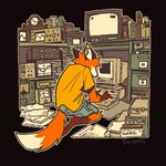 anthro barefoot biped bottomwear clothed clothing computer dipstick_tail electronics feet fully_clothed fur gesture hindpaw inner_ear_fluff kneeling looking_at_viewer male markings multicolored_body multicolored_fur orange_body orange_fur paws shirt shorts smile smiling_at_viewer solo tail tail_markings tail_motion tailwag technology topwear tuft typing waving yellow_clothing yellow_shirt yellow_topwear serpent_x canid canine fox mammal 1:1 animated hi_res short_playtime signature