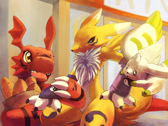 ambiguous_gender anthro black_nose black_sclera blue_eyes bread claws countershading dipstick_ears ear_markings food fur green_ear_tips group inverted_zero_unit long_ears markings multicolored_ears open_mouth paper_bag red_body symbol tail teeth white_body white_ear_tips white_fur wrist_grab yellow_body yellow_eyes yellow_fur zero_unit aonik bandai_namco digimon canid canine digimon_(species) guilmon lagomorph mammal renamon scalie terriermon 4:3 hi_res