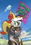 anthro clothing cute_fangs duo ear_piercing fangs female hat headgear headwear inner_ear_fluff jewelry male necklace outside piercing red_eyes sign smile teeth text tuft dark_nek0gami nintendo pokemon gami_cross braixen canid canine generation_6_pokemon grei mammal pokemon_(species) 2016 english_text