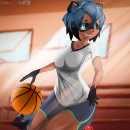 anthro basketball blue_body blue_eyes blue_hair breasts brown_body brown_fur clothed clothing facial_markings female fluffy fluffy_tail fur gloves_(marking) hair head_markings inside markings mask_(marking) playing short_hair smile solo tail romancruzzz brand_new_animal studio_trigger michiru_kagemori canid canine mammal raccoon_dog tanuki 1:1 absurd_res hi_res