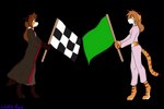 anthro blue_eyes brown_hair checkered checkered_flag clothed clothing digitigrade dipstick_ears dipstick_tail duo ear_markings female flag flag_(object) fur green_eyes hair holding_flag holding_object markings midriff multicolored_ears orange_body orange_fur simple_background standing striped_markings stripes tail tail_markings white_body white_fur yellow_eyes wolfie-pawz twokinds flora_(twokinds) laura_(twokinds) canid canine felid fox keidran mammal pantherine red_fox tiger true_fox 3:2 alpha_channel