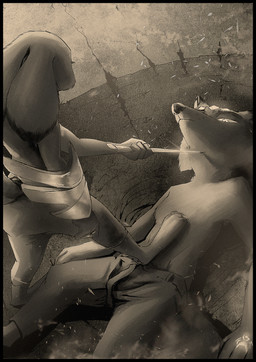 anthro barefoot black_border blade border cheek_tuft clothed clothing crater dipstick_ears dominant dominant_female duo ear_markings facial_tuft feet female holding_object holding_weapon lying male multicolored_ears on_back shield standing topless tuft weapon thewyvernsweaver disney zootopia judy_hopps nick_wilde canid canine fox lagomorph leporid mammal rabbit red_fox true_fox 2019 absurd_res digital_media_(artwork) film_grain hi_res monochrome sepia
