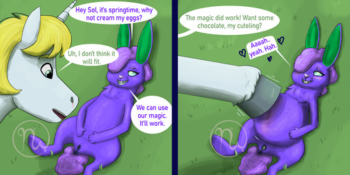 2_panel_comic 4_fingers 4_toes after_transformation anatomically_correct anatomically_correct_genitalia anatomically_correct_vulva animal_genitalia animal_vulva answering anus arms_bent asking asking_another bangs before_and_after belly_rub blonde_eyebrows blue_anus blue_body blue_eyes blue_fur blue_horn blue_tongue blue_vulva blush bodily_fluids buckteeth cum cum_in_vagina cum_inflation cum_inside dialogue duo eyebrows eyelashes feathering feet female female_feral feral fingers fur genital_fluids genitals grass green_inner_ear grey_hooves hair hair_over_eye hand_on_own_belly hearts_around_text hooves horn inflation interspecies lagomorph_genitalia lagomorph_vulva larger_feral larger_male light logo long_ears looking_at_another looking_at_genitalia looking_at_partner looking_at_vulva looking_pleasured lying lying_on_ground male male/female male_feral mane motion_lines multicolored_mane name_in_dialogue neck_tuft nickname nude nude_female on_back on_ground open_mouth open_smile outside plant presenting presenting_vulva pupils purple_body purple_eyebrows purple_fur purple_hair purple_nose purple_tail question question_mark scut_tail short_hair short_tail size_difference smaller_female smaller_feral smile speech_bubble surprised tail talking_to_another talking_to_partner teeth text toes tongue tuft two_tone_mane unicorn_horn vulva wavy_hair white_pupils yelling skywater friendship_is_magic hasbro my_little_pony mythology fan_character ocelia_(tertia) sol_bright equid equine lagomorph leporid mammal mythological_creature mythological_equine rabbit unicorn 2026 2:1 absurd_res adobe_photoshop_(artwork) artist_logo colored comic digital_drawing_(artwork) digital_media_(artwork) english_description english_text hi_res lighting shaded