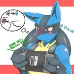 ambiguous_gender anthro blue_body blue_ears blue_text blush bodily_fluids cross-popping_vein electronics fur game_console gaming green_text holding_object light_body light_fur playing_video_game red_eyes solo sweat tears text thought_bubble vein wavy_mouth yellow_body yellow_fur kemojin nintendo nintendo_switch pokemon generation_4_pokemon lucario pokemon_(species) 1:1 2018 english_text hi_res japanese_text translated