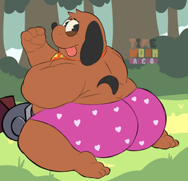anthro armor big_butt blep boxers_(clothing) brown_body brown_fur butt clothing forest fur headgear helmet kneeling male overweight plant rear_view smile solo tongue tongue_out tree underwear timewornraccoon puppy_guard russell_(puppy_guard) canid canine canis domestic_dog mammal absurd_res hi_res